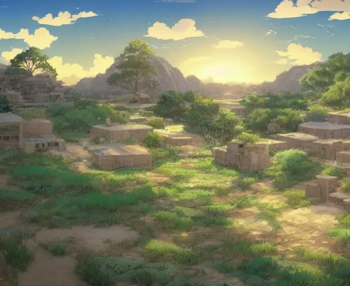 Image similar to A Mesopotamian village on the coast, peaceful and serene, incredible perspective, soft lighting, anime scenery by Makoto Shinkai and studio ghibli, very detailed