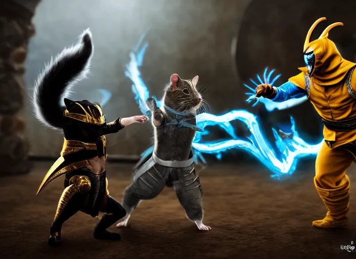 Image similar to hamster dressed as sub zero fights a cat dressed as scorpion in mortal kombat on the background of a laughing shao khan. fantasy magic style. highly detailed 8 k. intricate. lifelike. soft light. sony a 7 r iv 5 5 mm. unreal engine with nanite and path tracing