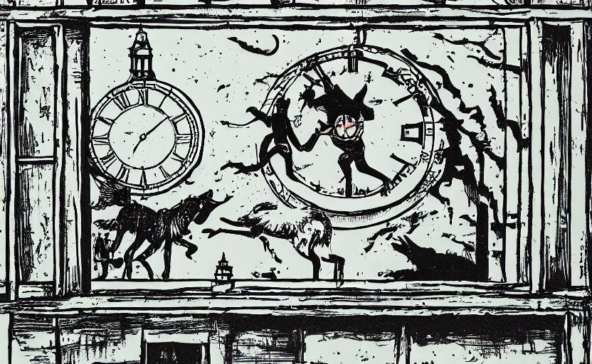 Prompt: a boy fighting a wolf on the edge of a clocktower, screen print