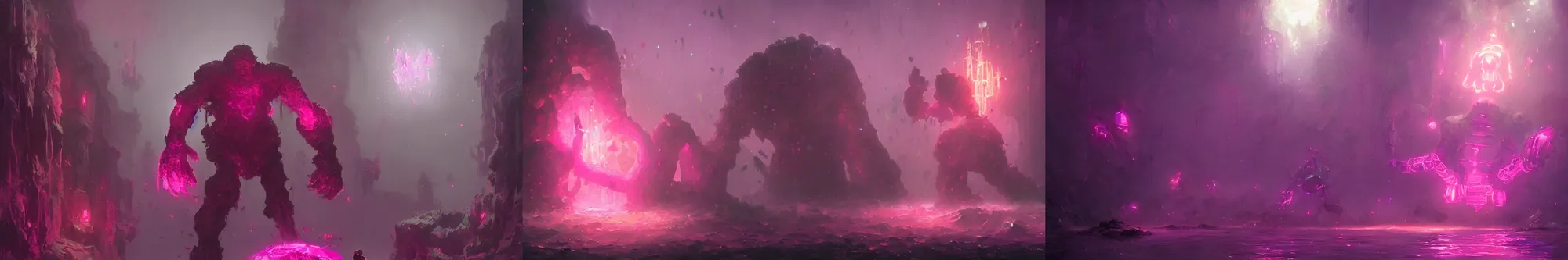 Prompt: giant golem made of crystal, bright pink purple lights, underwater, d & d, art by greg rutkowski