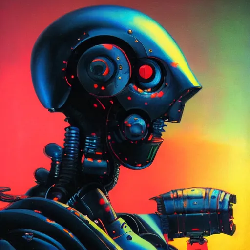 Image similar to a dark and colorful close - up side profile portrait of a sci - fi mecha robot with led lights glowing fog in the background. highly detailed science fiction painting by norman rockwell, frank frazetta, and syd mead. rich colors, high contrast, gloomy atmosphere, dark background. trending on artstation