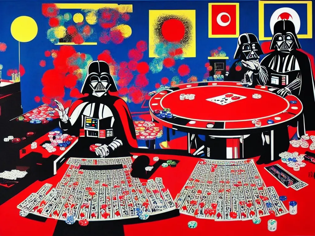 Prompt: hyper - realistic composition of a room with an extremely detailed poker table, woman in traditional japanese kimono standing nearby, darth vader sitting at the table, fireworks in the background, pop art style, jackie tsai style, andy warhol style, acrylic on canvas, dull palette