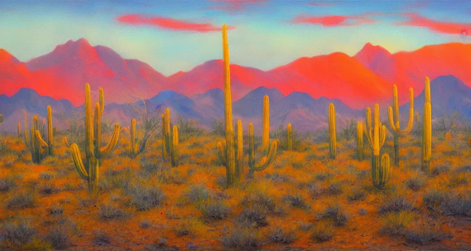 Image similar to the sonoran desert at sunrise, muted colors, beautiful painting, oil on canvas, by Ewa Czarniecka, award winning masterpiece,