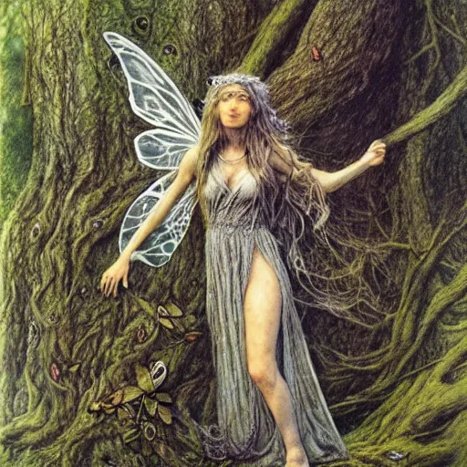 Image similar to fairy of the forgotten wood. highly detailed, hyper detailed, art by alan lee