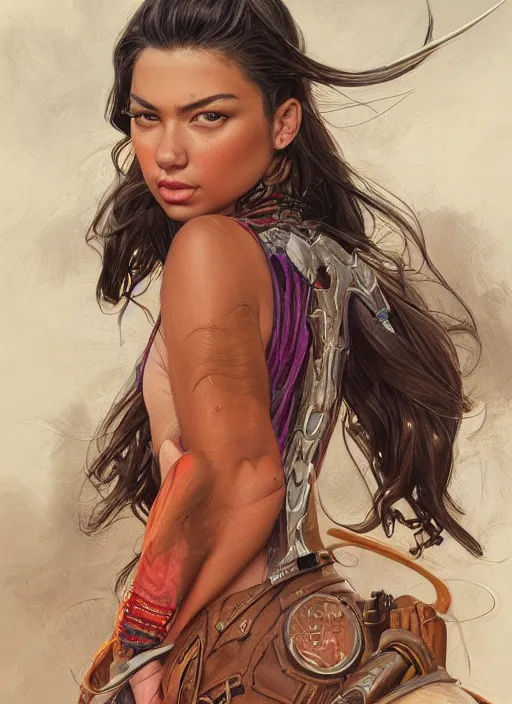 Image similar to portrait of Amber Midthunder, highly detailed, centered, solid color background, digital painting, artstation, concept art, smooth, sharp focus, illustration, donato giancola Joseph Christian Leyendecker, Les Edwards, Ed Repka, Basil Gogos, WLOP, Artgerm