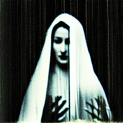 Image similar to marian apparition in forest, high contrast, found footage, vhs, 1 9 9 0, beautiful, highly realistic, highly detailed, vhs noise static, black and white, vhs glitch