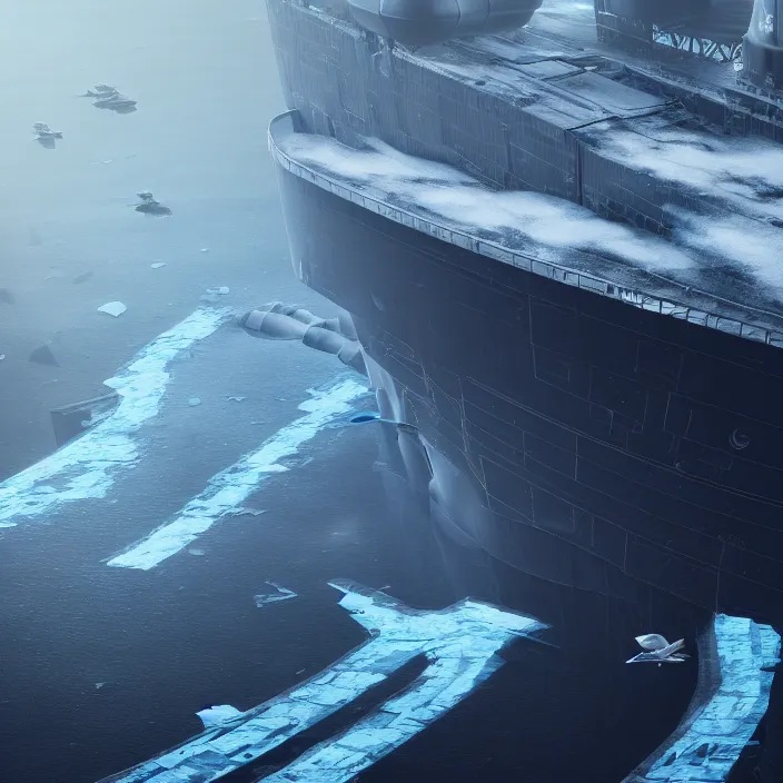 Image similar to a little bird's flight over an enormous gigantic steel ship - shaped fortress - city sailing across an icy cold ocean. masterpiece, cinematic, hyperdetailed, photorealistic, hyperrealism, octane rendering, 8 k, depth of field, bokeh, architecture, shadows