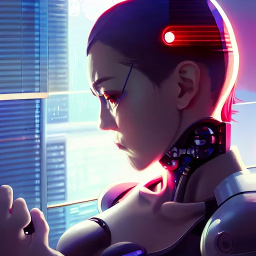 Image similar to beautiful cyborg - girl punching through a large reflective shattering window, window reflections, reflective, mirror reflection, refractions on lens, full round face, biomechanical details, cyberpunk anime art, full body shot, lens flare, wlop, ilya kuvshinov, artgerm, krenz cushart, greg rutkowski