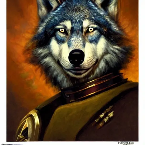 Prompt: a portrait of a wolf dogman canine star trek chief engineer. highly detailed painting by gaston bussiere, craig mullins, j. c. leyendecker, furry