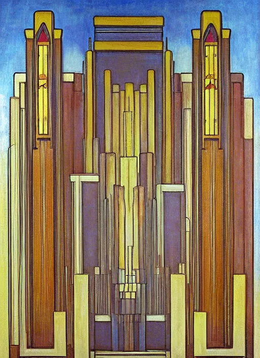 Image similar to artdeco cathedral by frank lloyd wright painted by piet mondrian