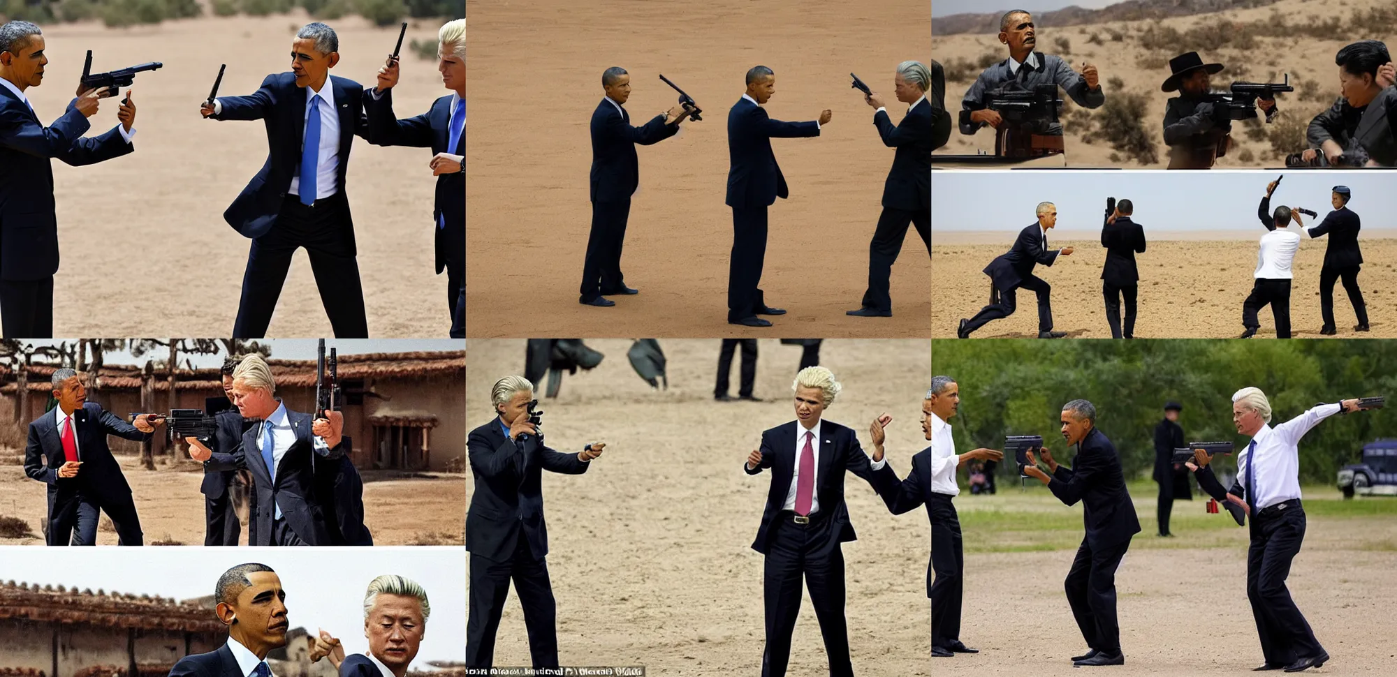 Prompt: obama and geert wilders and xi jingping pointing guns at each other, mexican standoff, cinematic shot, the good the bad and the ugly