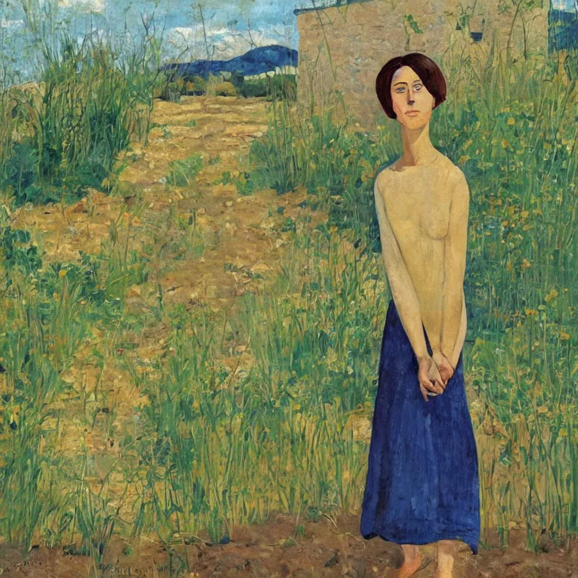 Prompt: a painted portrait of a women outdoors, art by felice casorati, aesthetically pleasing and harmonious natural colors, expressionism, fine day, mid shot portrait