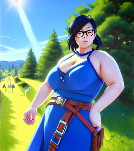 Prompt: portrait, mei from overwatch wearing a beautiful blue dress and red belt in the countryside, by greg staples and jeff easley, chubby, beautiful scene, hyper - realistic, intricate, summer day, sunlight, cheerful, soft lighting, detailed, glasses