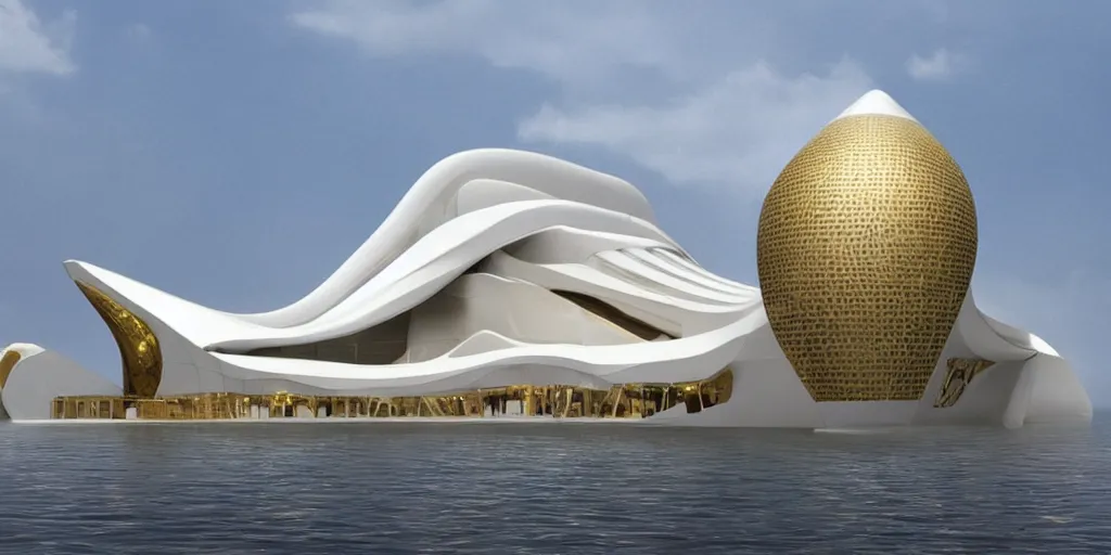 Image similar to mosque floating spaceship by zaha hadid, golds fantasy world