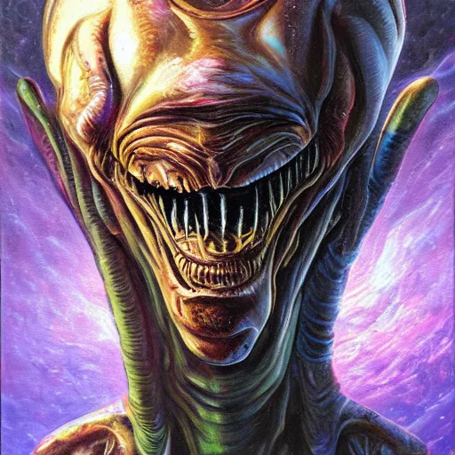 Prompt: alien long big brain grotesque cosmic horror scifi cover menacing scary uncanny eerie style oil painting heavy brushstrokes dramatix