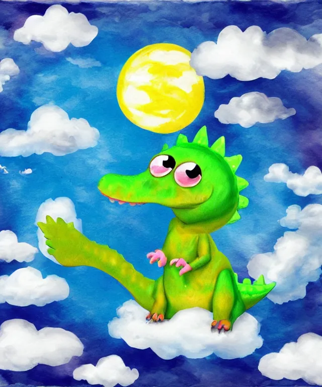 Image similar to a cute little dinosaur, water painting, cotton candy, fluffy clouds