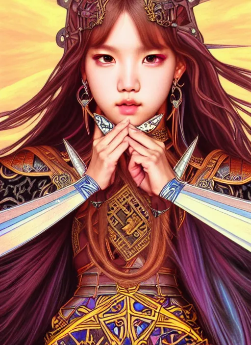 Image similar to lalisa manoban of blackpink, medieval armor, tarot card, highly detailed, digital painting, smooth, sharp focus, illustration, ultra realistic, 8 k, art by artgerm and alphonse mucha