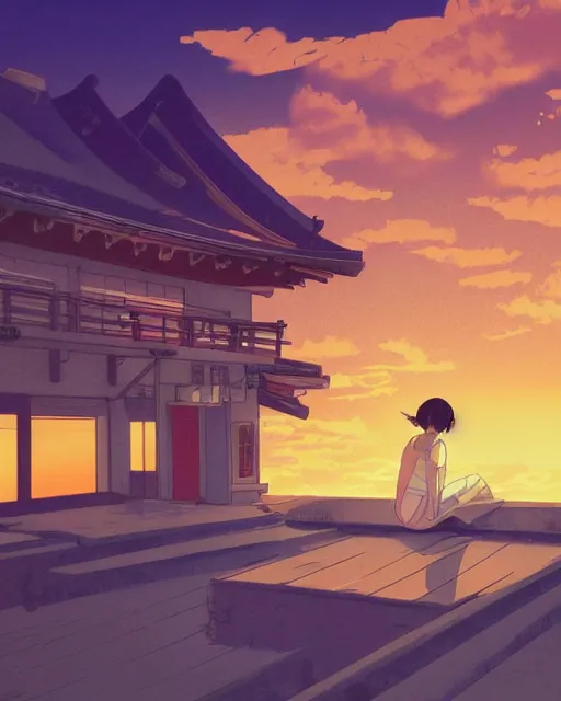 Image similar to detailed aesthetic vaporwave illustration of a girl sitting on the rooftop anime digital art award winning scenery cinematic scene sunset in japan by studio ghibli