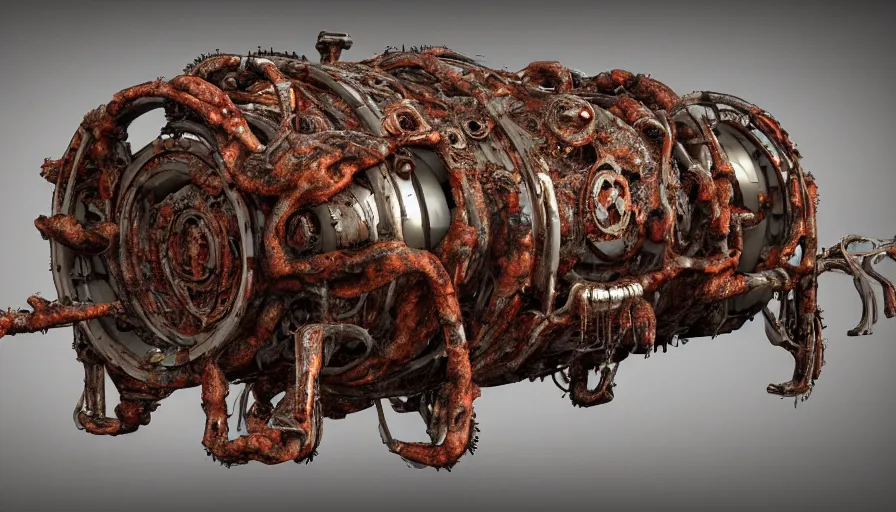 Image similar to Techno-biological rusty modern double cannon tank consisting of tumors, meat, veins, bones, guts, kidneys, wires. Biopunk, body-horror, high detail, photorealism, full length view, very rust, concept art, octane render, 16k, 8k