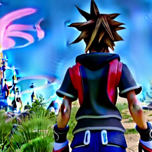 Image similar to Kingdom Hearts 3 as a First Person Shooter game, Sora with a gun, Fallout 4 inspired screenshot of kingdom hearts 3, uhd 4k, unreal engine 4, stunning visuals with rtx on, trending on artstation, Disney Square Enix and Fortnite Crossover