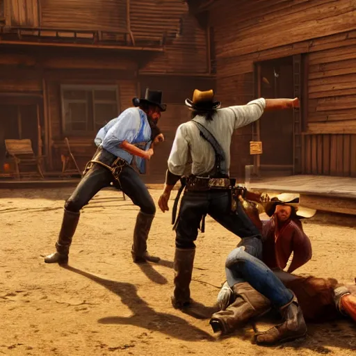 Prompt: a fight between 2 cowboys, in a saloon with broken furniture, in the style of rockstar red dead redemption 2, concept art, 8 k, trending on artstation, brushstrokes