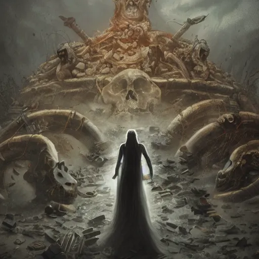 Prompt: a wedding cake, intense, standing in front of a giant pile of skulls, pouncing death angel with sword, depth of field, dof, very coherent, artstation, ominous, greg rutkowski, aleksi briclot