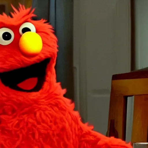 Prompt: Elmo sitting a table the room around him on fire, Elmo is calm thinking this is fine