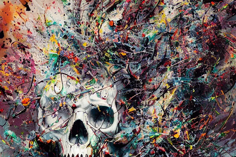 Image similar to a splattered action painting by jackson pollock showing a skull, ultradetailed, fine art painting, peter mohrbacher, moebius, skull carving, frottage, watercolor, acrylic, multilayered paint, spectacular splatter explosion, psychedelic art