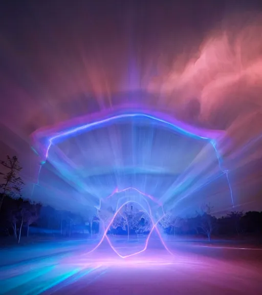 Image similar to lokah samastah sukhino bhavantu light painting art, iridescent, volumetric lighting, majestic light, ethereal, hyperrealistic, at night, epic, masterpiece, by reuben wu