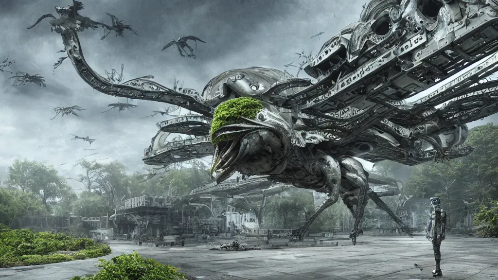 Image similar to organic mechanical metal osprey aircraft, giger influenced with ornate intricate details, landed on futuristic brutalist concrete heliport, ornate buildings covered with green moss, vines and blue foliage, with cyborg female soldiers in the foreground wearing stealth transparent clothing, daytime, wet floor on streets, matte painting, unreal engine, cinematic camera, bloom, mirrors edge