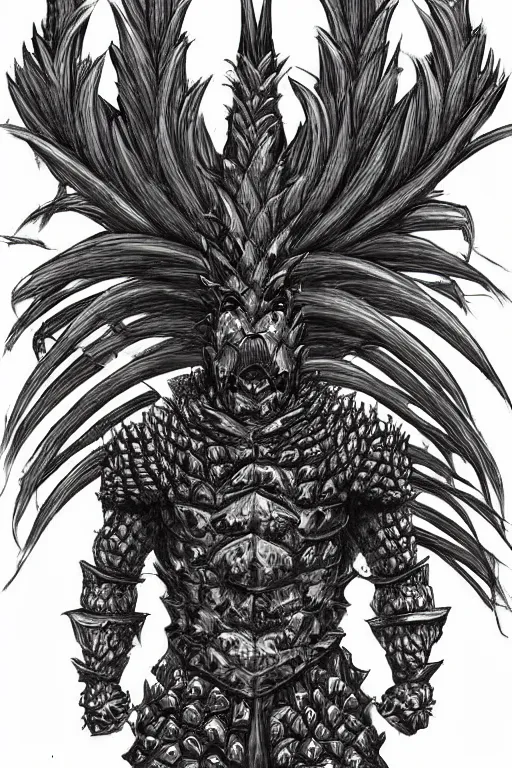 Image similar to pineapple humanoid figure monster wearing pineapple themed armour, symmetrical, highly detailed, digital art, sharp focus, trending on art station, kentaro miura manga art style