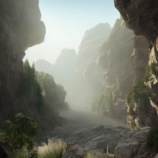 Image similar to pathway canyon in between mountains, mist, dark, unreal engine, high detail, realism, award winning, detailed lighting