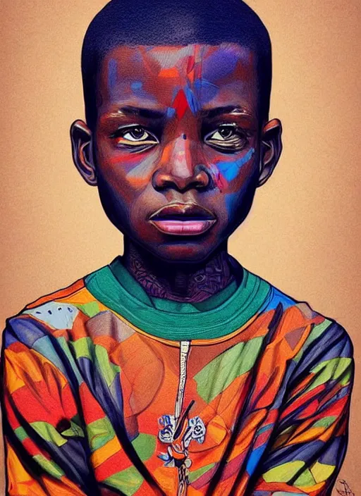 Image similar to colourful upper half portrait an african boy - art by james jean, highly detailed, digital painting, illustration, illustration, smooth, sharp focus, intricate, symmetry, pinterest, behance, art station