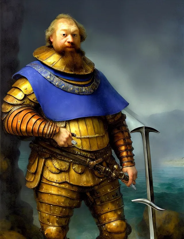 Prompt: anthropomorphic bipedal royal blue tang that is wearing full steel plate armor, and holding a colossal sword in his hand, as a matte oil painting and d & d character art, by rembrandt, standing, fullbody, lots of bubbles, sea foam, saltwater, ocean, award - winning, extremely detailed, sharp focus