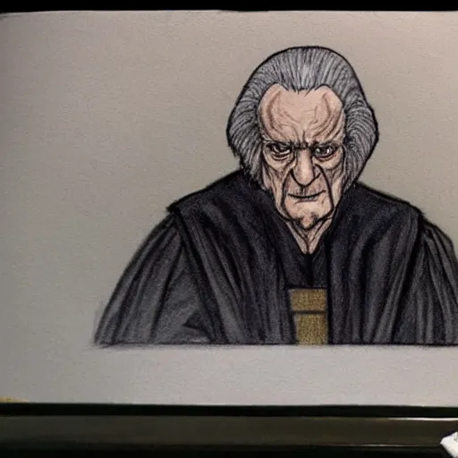 Image similar to courtroom sketch of emperor palpatine on trial