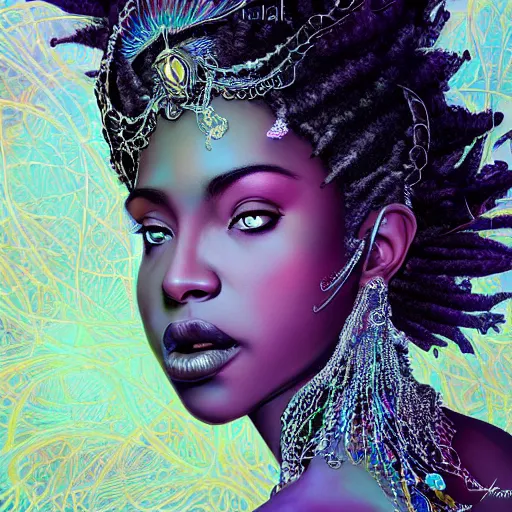 Prompt: the portrait of the absurdly beautiful, graceful, elegant, gorgeous, sensual black young goddess made of crystals, an ultrafine hyperdetailed illustration by kim jung gi, irakli nadar, intricate linework, ultra bright colors, octopath traveler, final fantasy, unreal engine 5 highly rendered, global illumination, radiant light, intricate environment, 8 k