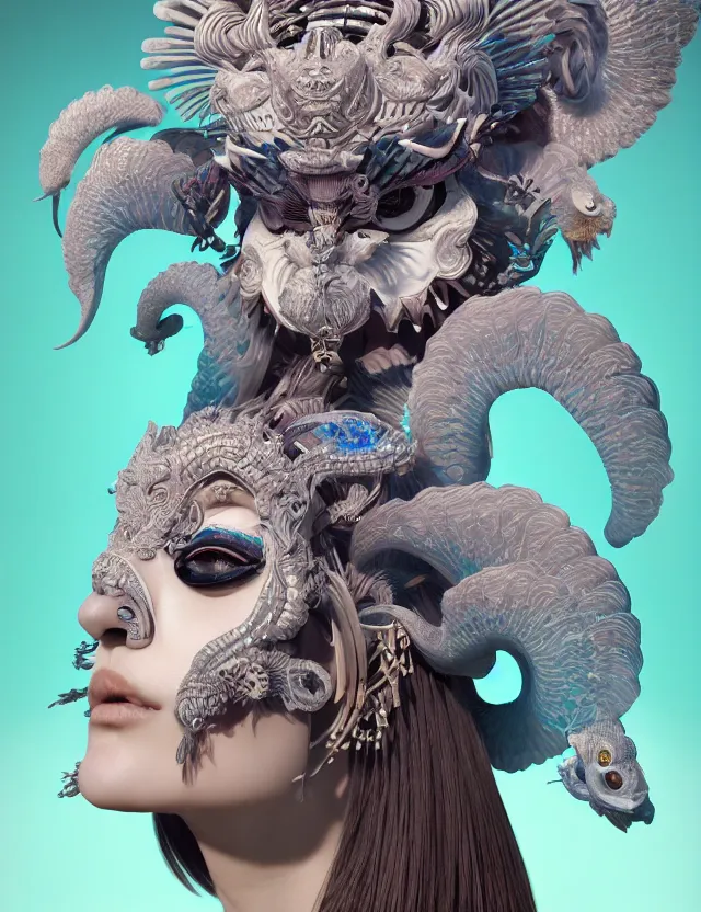 Image similar to 3 d goddess close - up frontal portrait with ram skull. beautiful intricately detailed japanese crow kitsune mask and clasical japanese kimono. betta fish, jellyfish phoenix, bio luminescent, plasma, ice, water, wind, creature, artwork by tooth wu and wlop and beeple and greg rutkowski