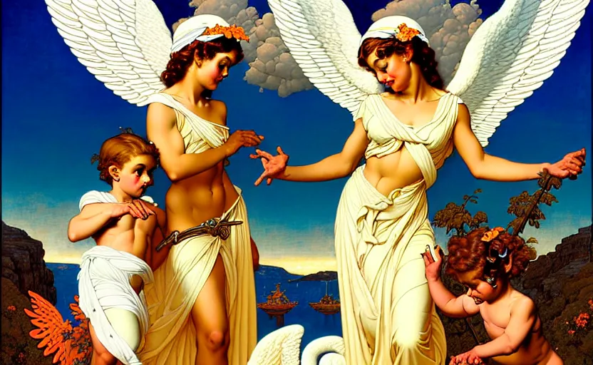 Prompt: a beautiful greek angel helping a young child by dan mumford and alberto vargas and josan gonzalez and gil elvgren and william etty and norman rockwell, vibrant, white outfit, highly detailed, intricate, orange details, blue sky, robot child!