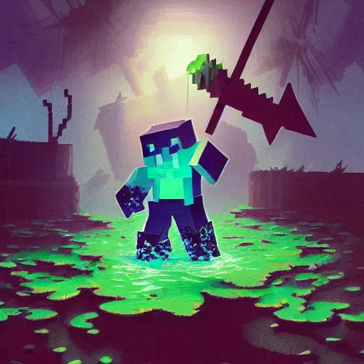 Image similar to painting by greg rutkowski of a minecraft drowned zombie with glowing cyan eyes, wearing ragged clothing and and algae growing on it, holding a trident, underwater