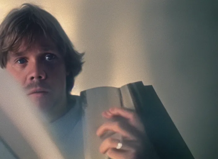 Image similar to single portrait of Luke skywalker uncovering the glowing book of ancient jedi texts. a hazy ethereal ancient temple, screenshot from the 1983 film, Photographed with Leica Summilux-M 24 mm lens, ISO 100, f/8, Portra 400, kodak film, anamorphic lenses