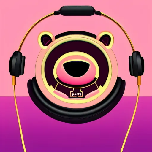 Image similar to iconic vector logo of cute cuddly pink bear with a podcast microphone, melodic, headphones, music, streaming, dreamy, isometric, adorable, octane render, golden ratio, 4k UHD, iconic design