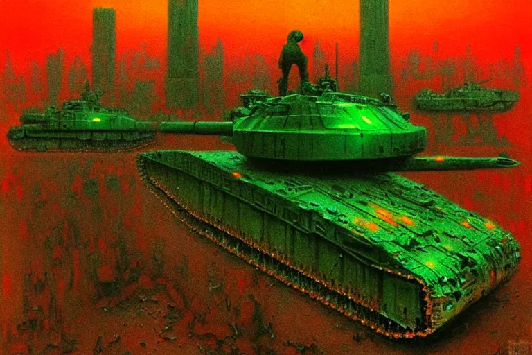 Image similar to glowing green alien crystals, polished green quartz surface irradiating radioactive zombie infested city, t - 9 0 tank, dark apocalyptic orange and red wasteland, beksinski