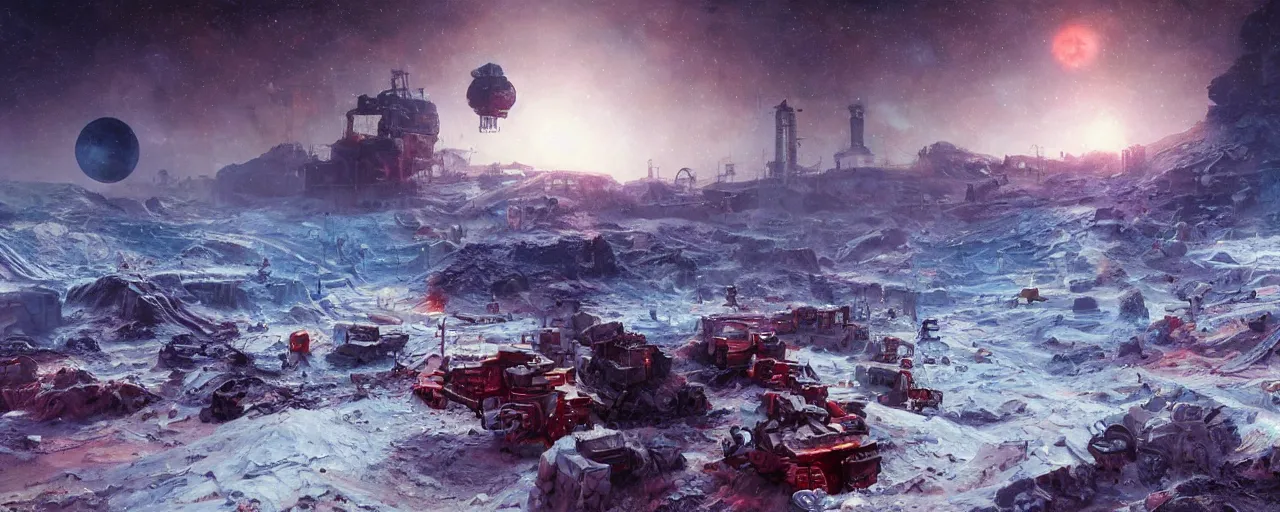 Prompt: outer planet covered with ice, steam shovel mining, art by paul lehr, cinematic, detailed, epic, widescreen, opening, establishing, matte painting, photorealistic, realistic textures, octane render