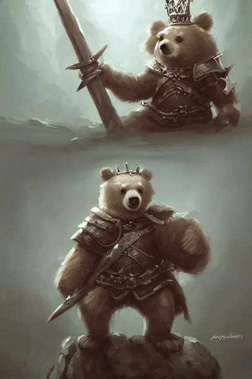 Image similar to cute little anthropomorphic bear knight wearing a cape and a crown, tiny, small, miniature bear, baby animal, short, pale blue armor, cute and adorable, pretty, beautiful, DnD character art portrait, matte fantasy painting, DeviantArt Artstation, by Jason Felix by Steve Argyle by Tyler Jacobson by Peter Mohrbacher, cinematic lighting