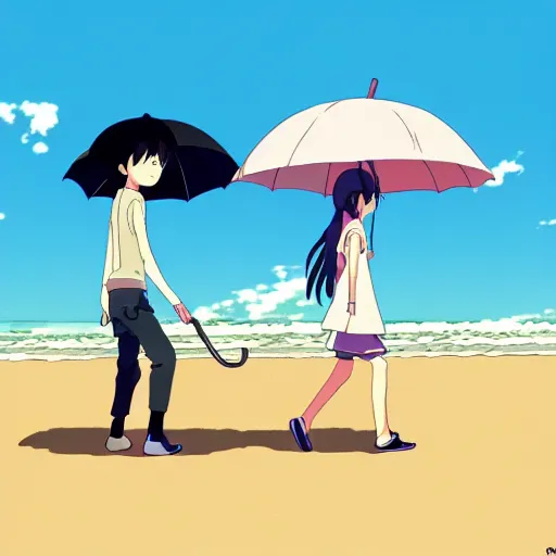 Prompt: anime girl and boy walking together on the Beach, Rain, umbrella, by makoto shinkai, Studio Ghibli, anime wallpaper, flat colors