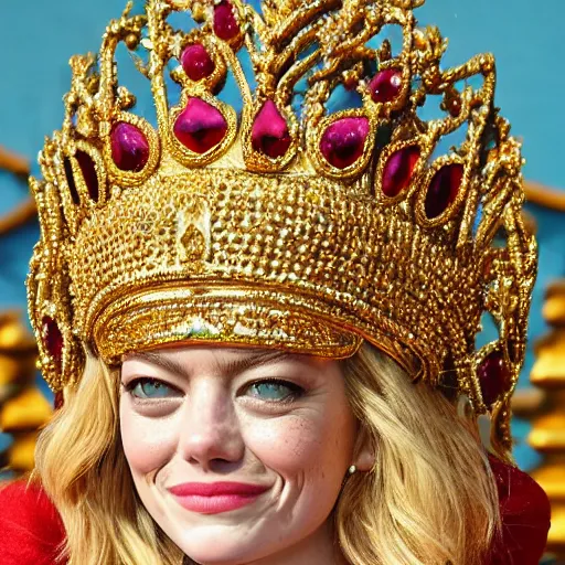 Prompt: A full body shot of Emma Stone wearing a golden Arabian crown , royality, high quality, fully detailed, 4k, in focus, detailed eyes