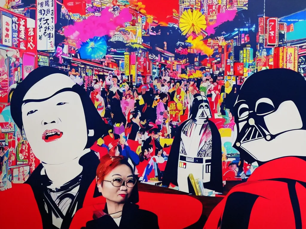 Prompt: hyperrealistic composition, in the middle the woman in a japanese kimono, behind her stands the darth vader, in front of her a table from the casino, in the background is ( ( mount fuji ) ) and fireworks, pop - art style, jacky tsai style, andy warhol style, acrylic on canvas