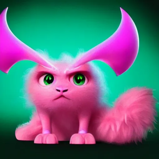 Image similar to cute fluffy demon from pixar, pink, huge green piercing eyes, electricity around,