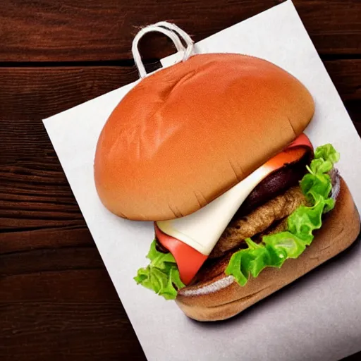 Prompt: close up shot of a paper bag containing an hamburger and a can of cola