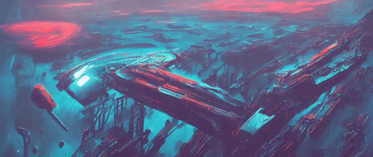 Image similar to (((neon palette))), humanity industrial!!! spaceship!!, deep space exploration!!!, ridley scott universe, mysterious, ultrarealistic, illustrative!!, apparent brush strokes, hyperdetailed, cinematic lighting, 4k, wide angle, trending on artstation, beksinski, design by moebius